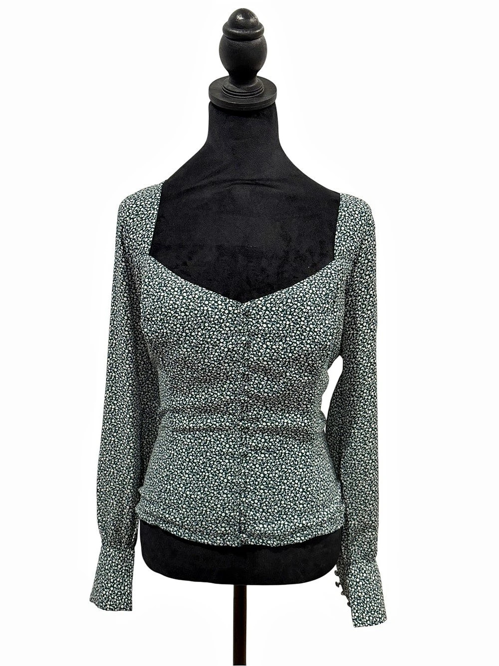 Abercrombie & Fitch Green & White Floral Sweetheart Neck Blouse SZ L Milkmaid